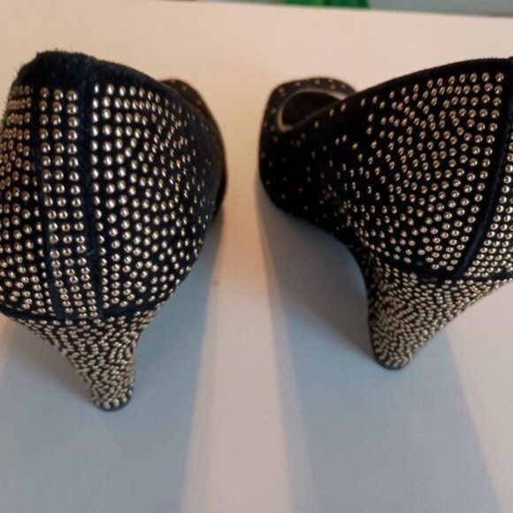 GIANNI BINI, Woman Black Peep Toe with Gold Jeweled Wedges Evening Shoes, Size 7 - Picture 4 of 7